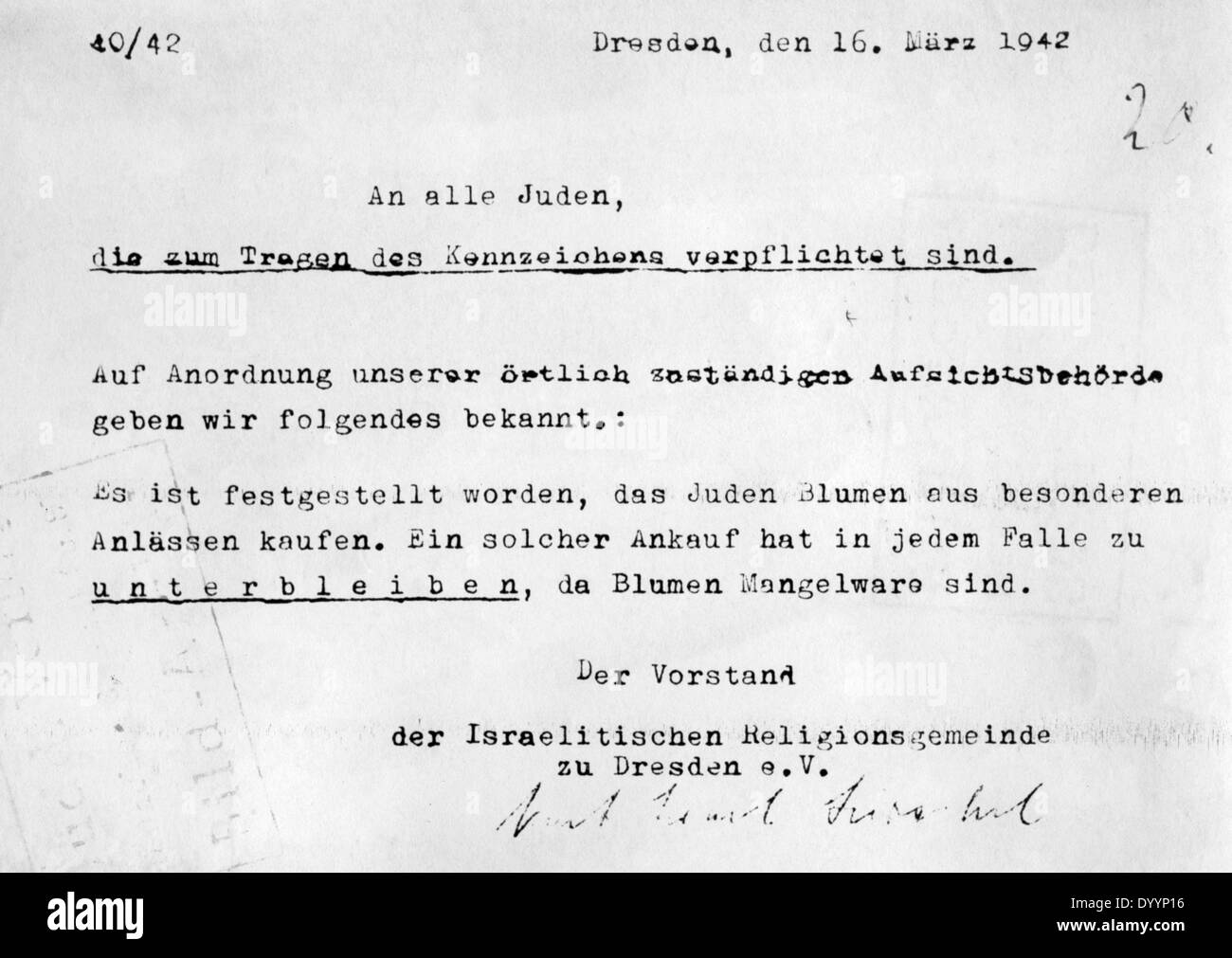 Lettera circolare del popolo israeliano la comunità religiosa a Dresda, 1942 Foto Stock