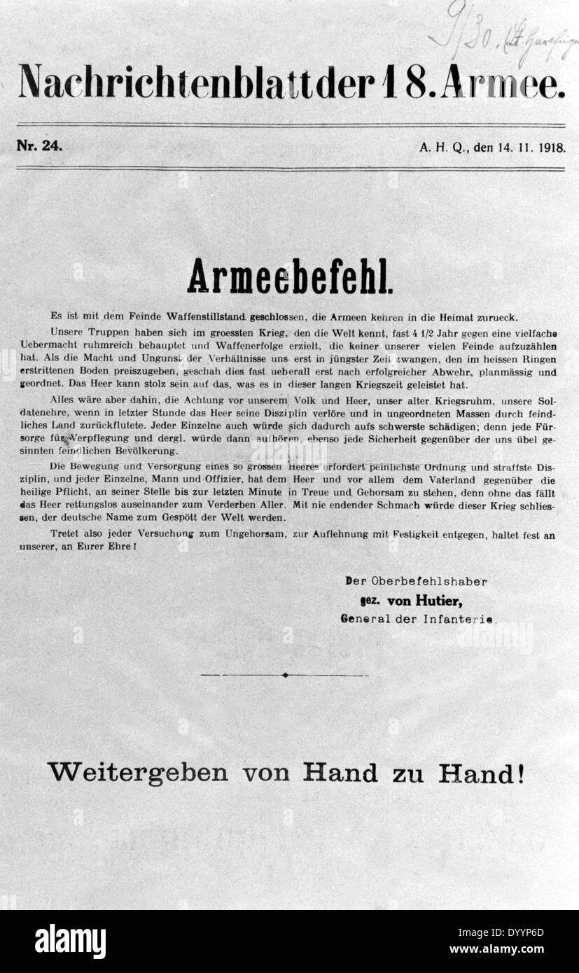 Per chiedere il mantenimento della disciplina nella Nachrichtenblatt der 18.Armee, 1918 Foto Stock