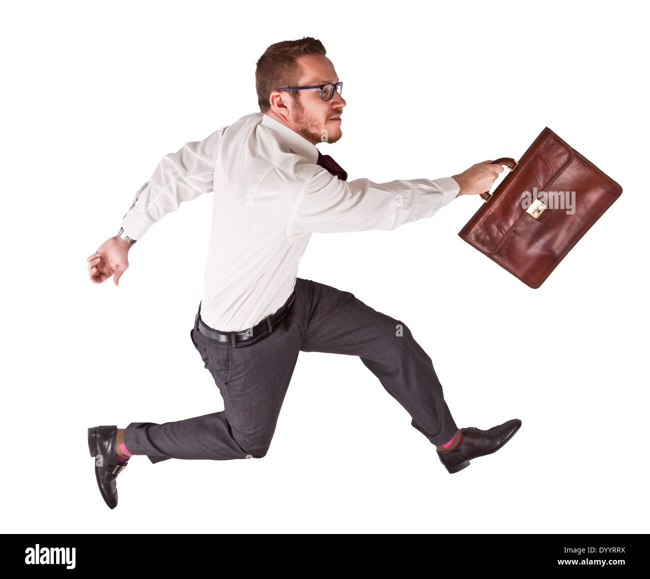 Imprenditore isolato in salto pongono Foto Stock