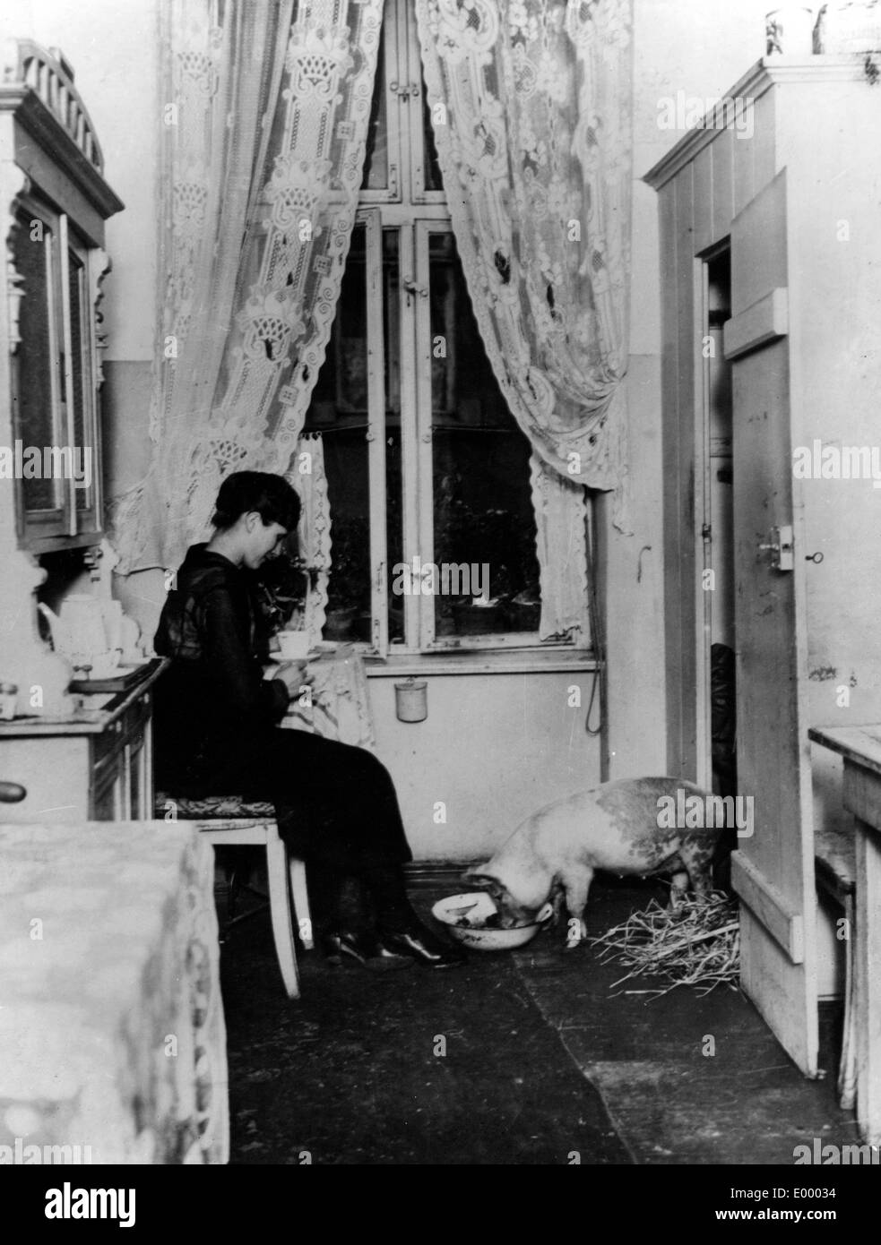 Donna con un maiale nella sua casa, la prima guerra mondiale Foto Stock