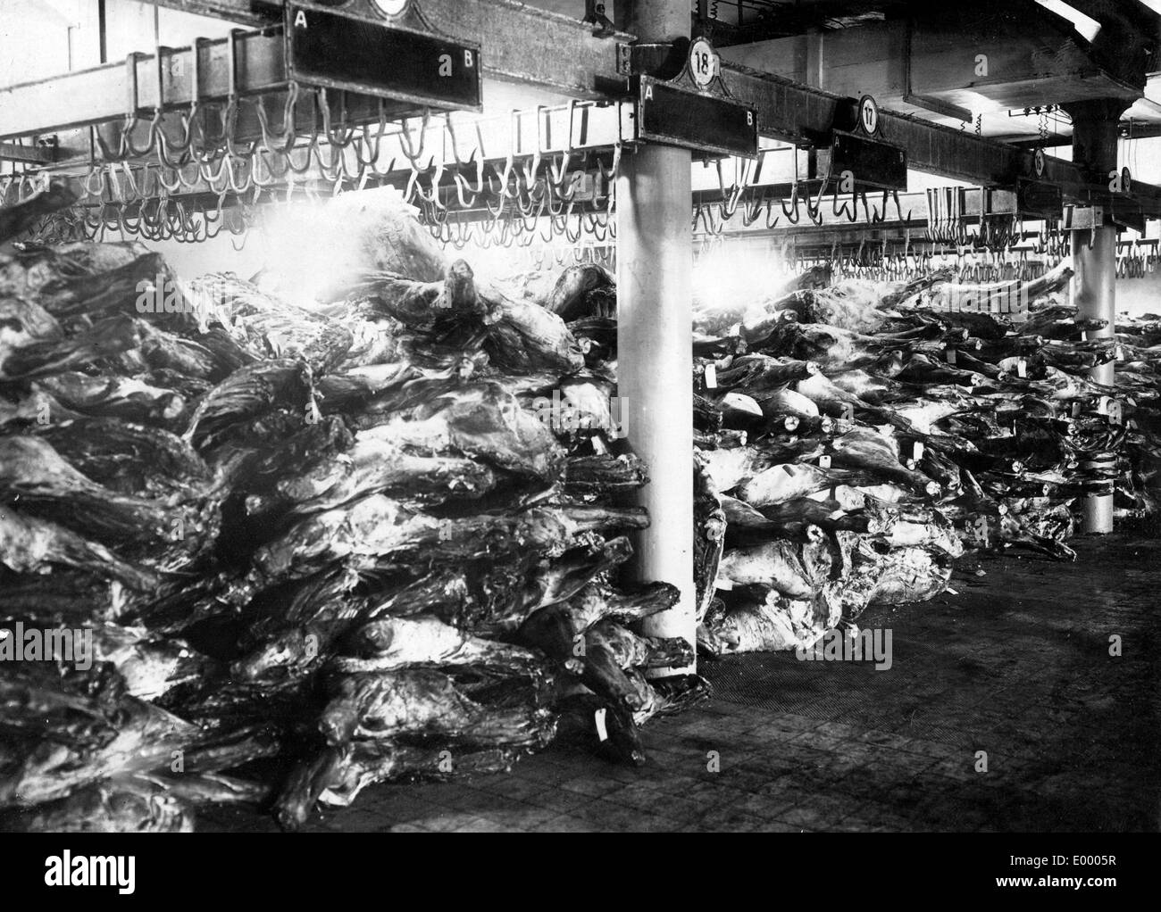 La carne in una camera fredda a Berlino, 1916 Foto Stock