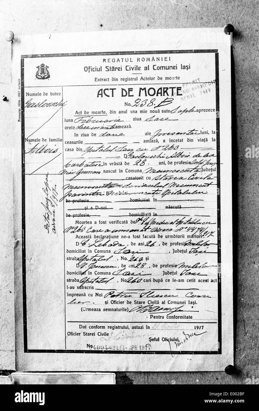 Certificato di morte di un soldato tedesco della Prima Guerra Mondiale Foto Stock