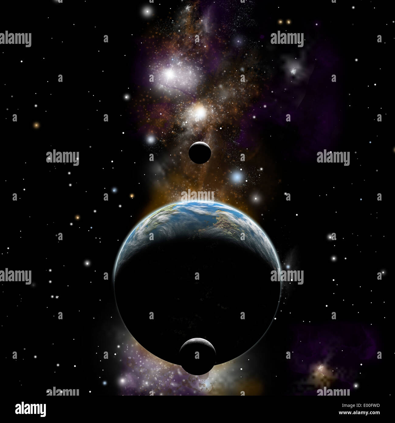 Un artista della rappresentazione di un tipo di terra mondo con due lune contro uno sfondo di nebulosa e stelle. Foto Stock