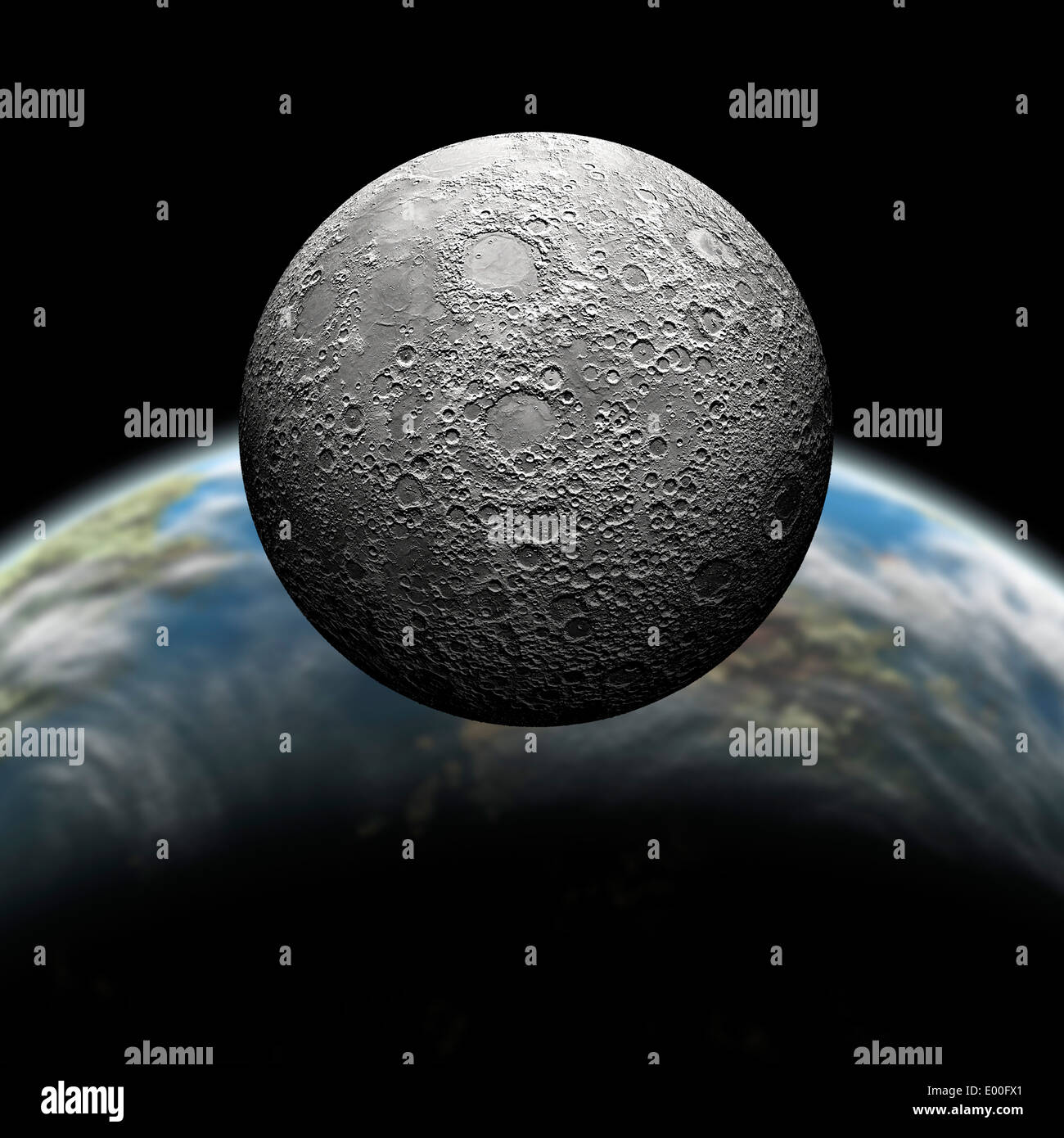 Un artista della rappresentazione di un approccio fortemente cratered Luna in orbita intorno a casa di pianeta. Foto Stock