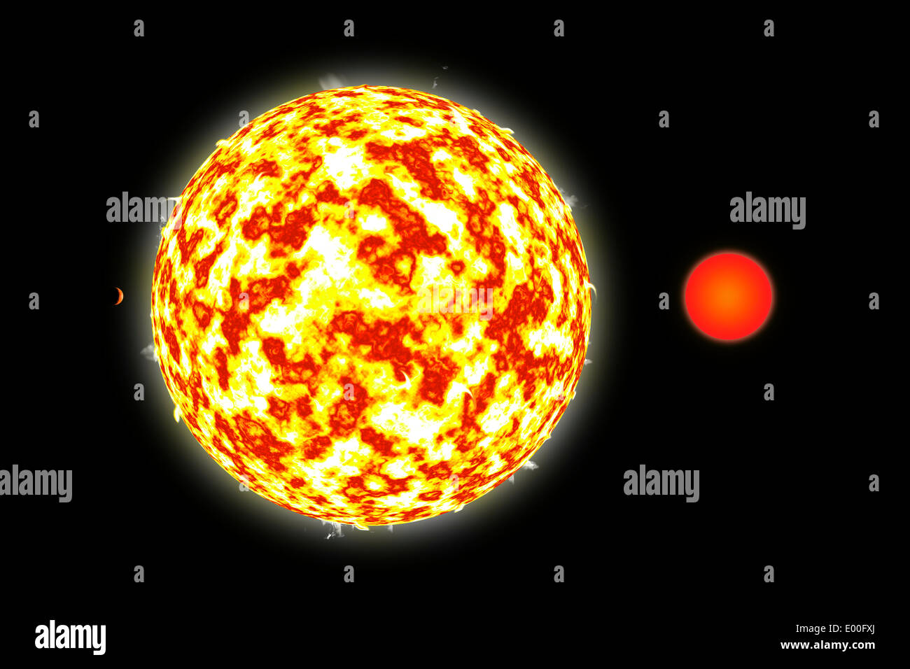 Un artista della rappresentazione di un sistema stellare binario con un vicino pianeta orbitante. Foto Stock