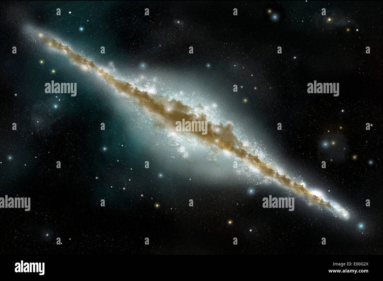 Un artista della raffigurazione di una grande galassia a spirale vista dal bordo. Foto Stock