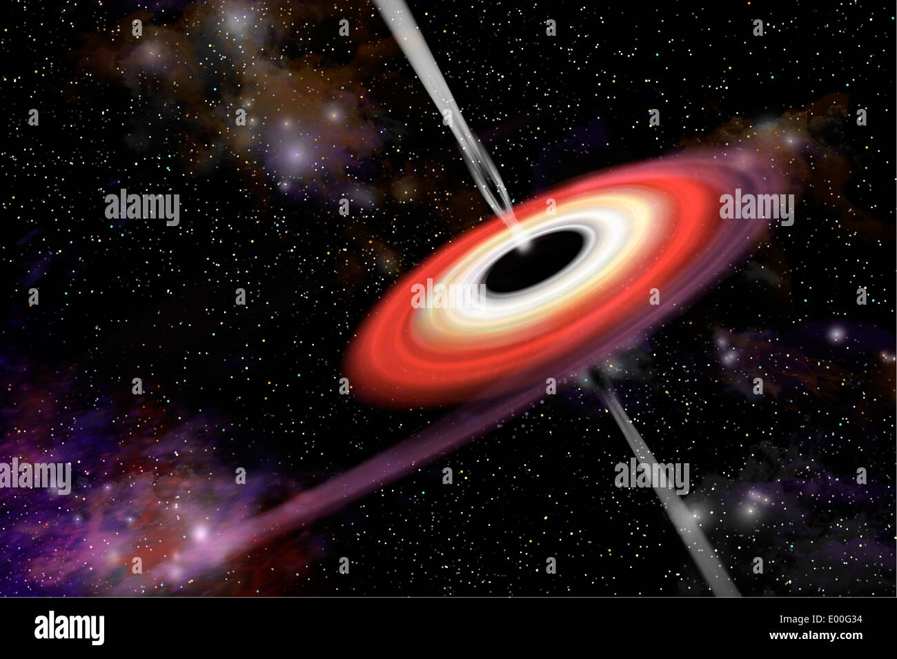 Artista della rappresentazione di un buco nero e il disco di accrescimento nello spazio interstellare. Foto Stock