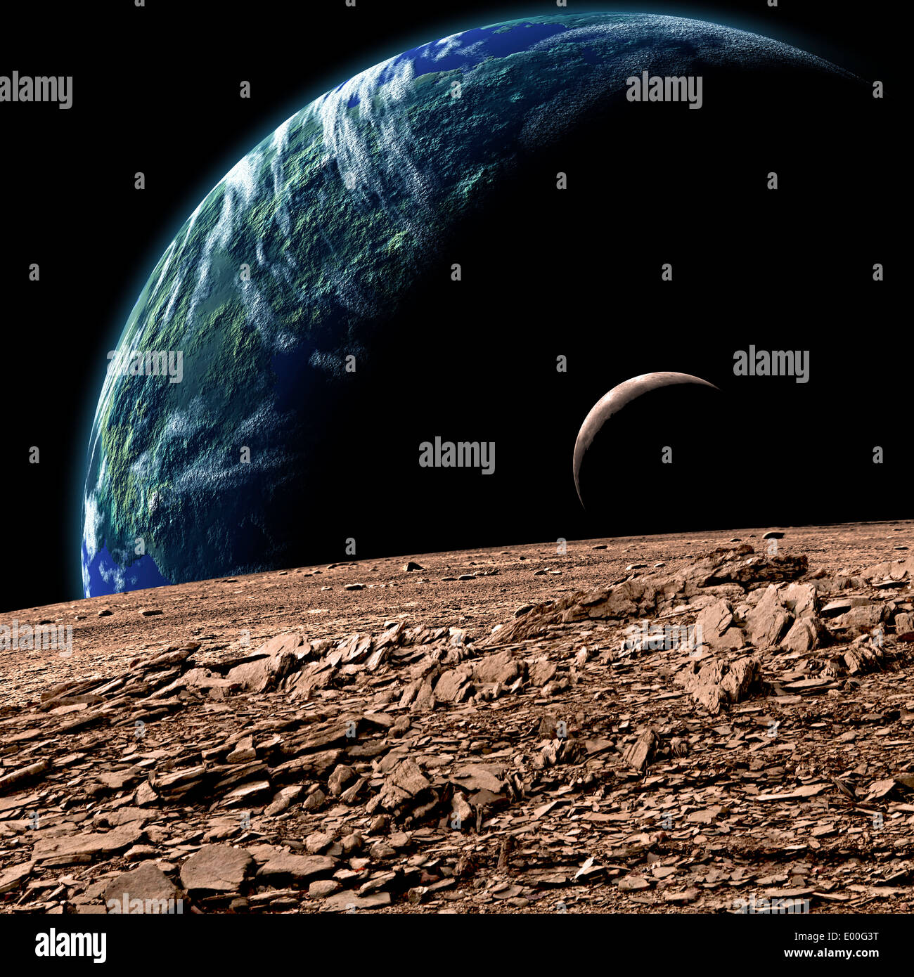 Una massa-come pianeta nello spazio profondo con una luna orbitante. Foto Stock