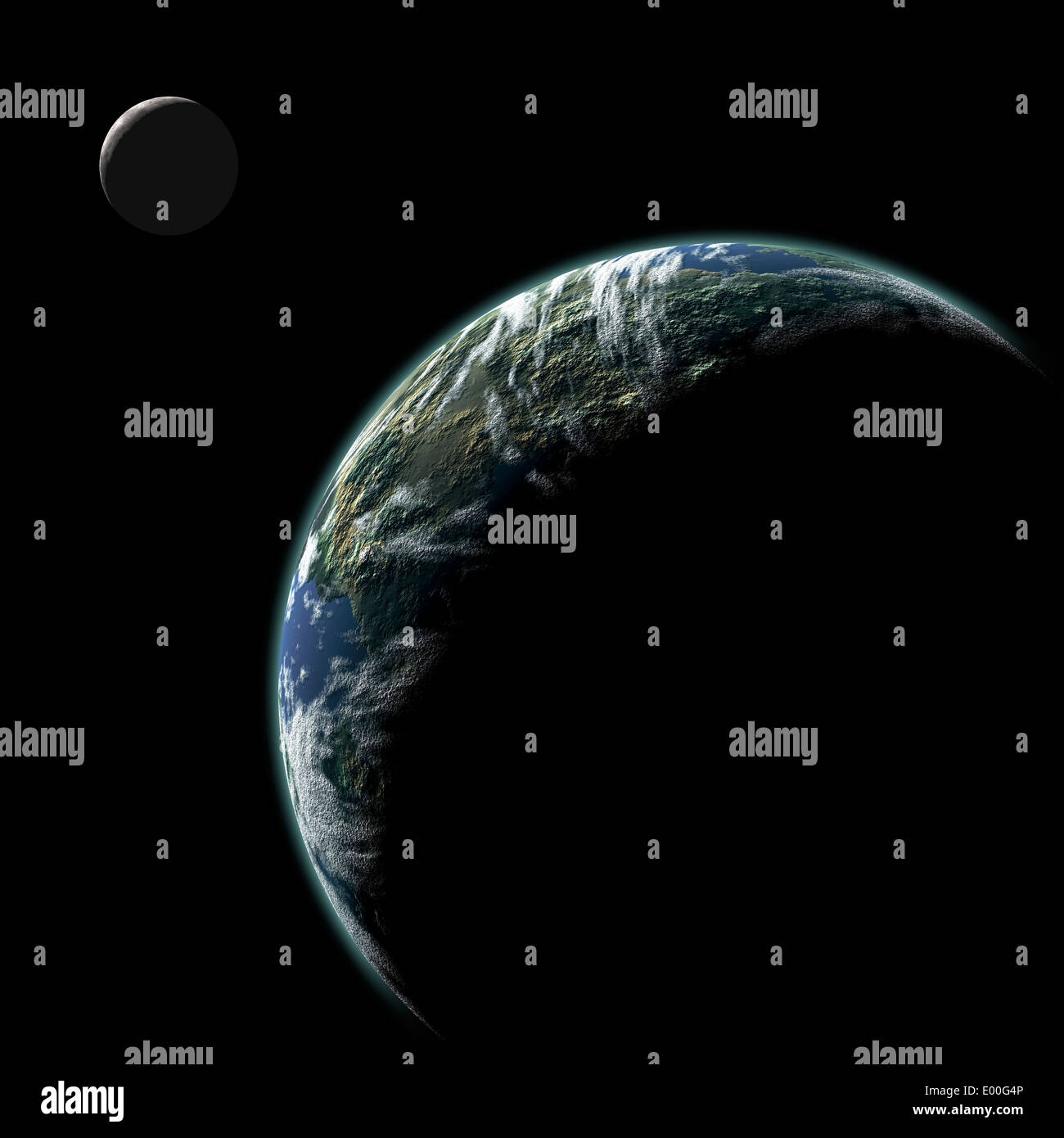 Un artista della rappresentazione della Terra come pianeta nello spazio profondo con un orbita luna illuminata da un sole nelle vicinanze. Foto Stock