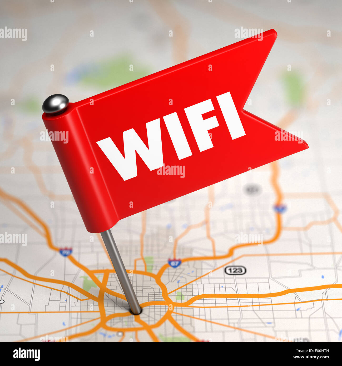 Concetto WiFi - piccola bandiera su uno sfondo raffigurante una mappa con il fuoco selettivo. Foto Stock