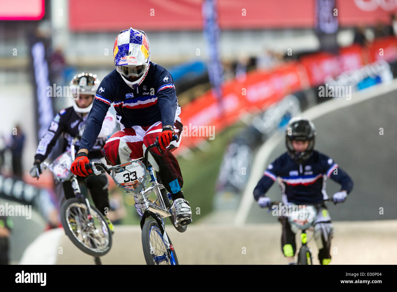 Joris DAUDET (bici P 33) Warm up Uomini Elite UCI BMX Supercross World Cup nazionale di Manchester centro ciclistico in Inghilterra, Regno Unito Foto Stock