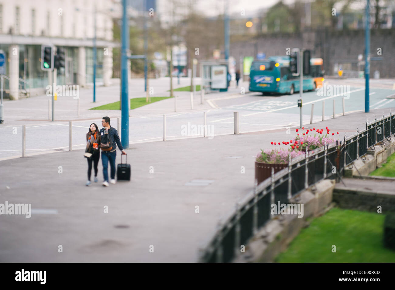 Un paio di Cardiff, Regno Unito. Un tilt-shift lente ha dato l'immagine di un 'miniaturised' effetto. Foto Stock