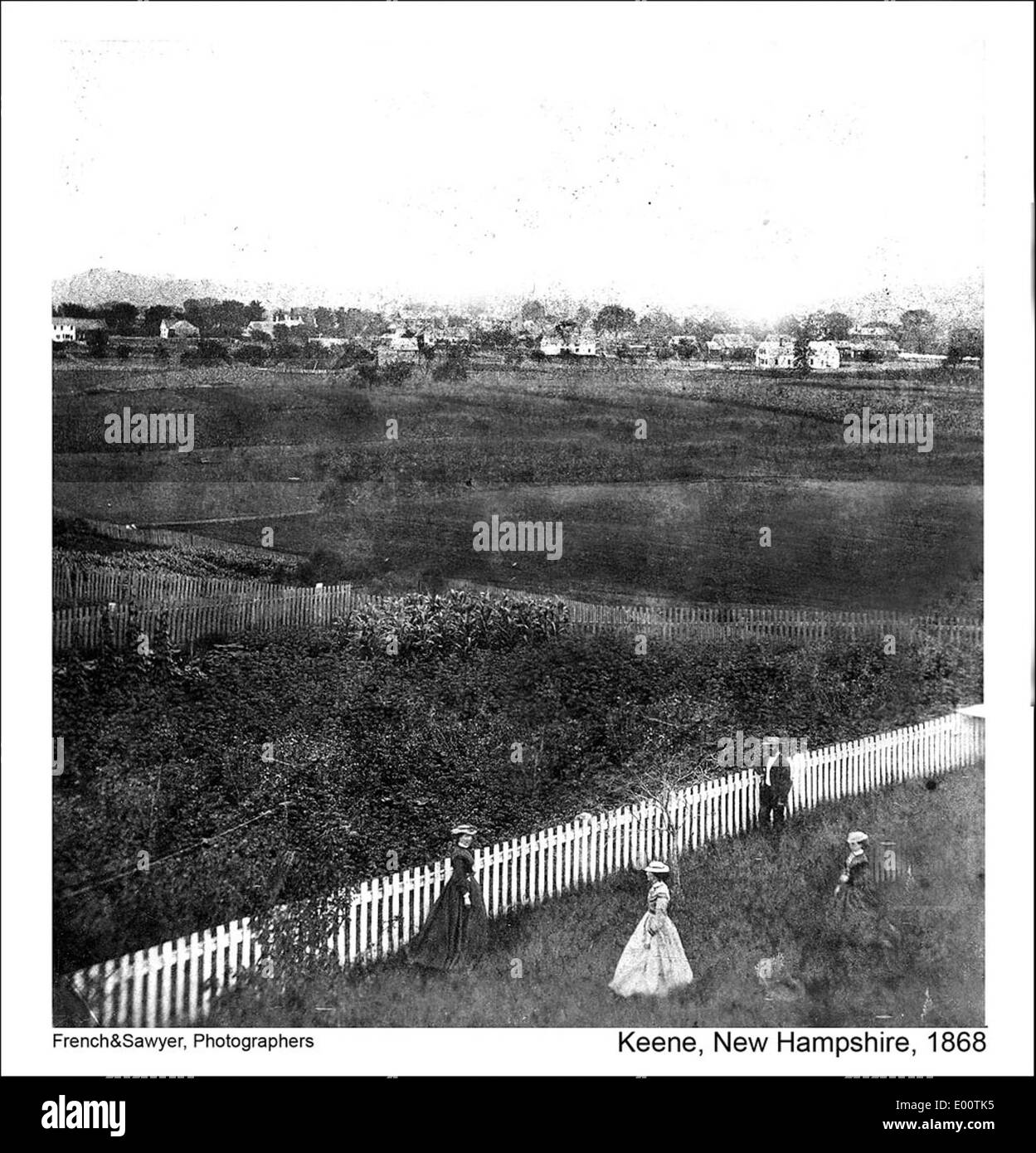 Questa prima vista di Keene, New Hampshire, del XIX secolo mostra terreni agricoli e case, tra cui il lavoro di Daniel Sawyer e J.A. French. L'immagine evidenzia il paesaggio rurale e lo sviluppo della zona. Foto Stock
