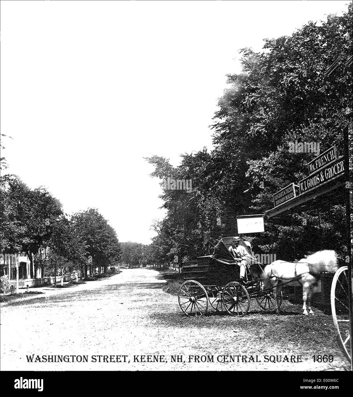 Una fotografia storica di Washington Street a Keene, New Hampshire, che mostra una carrozza trainata da cavalli e un cavallo e un buggy su una strada alberata. Catturato da J.A. French, offre uno sguardo sulla vita a Keene durante la fine del XIX secolo. Foto Stock