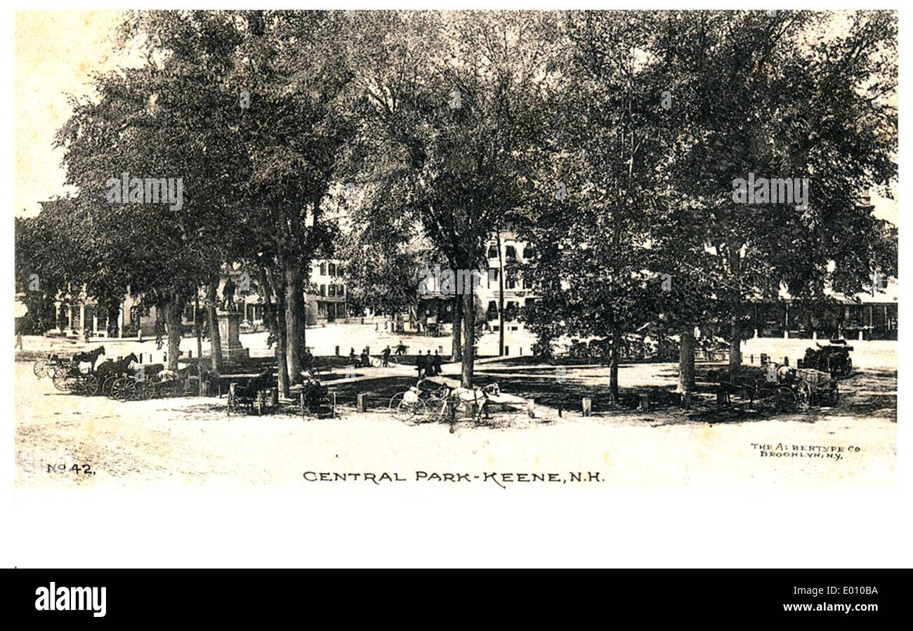 Questa fotografia d'epoca cattura Central Square a Keene, New Hampshire, durante la fine del XIX secolo o l'inizio del XX secolo. La scena mostra le carrozze trainate da cavalli e l'attività vivace tipica della vita cittadina del New England durante questo periodo. Foto Stock