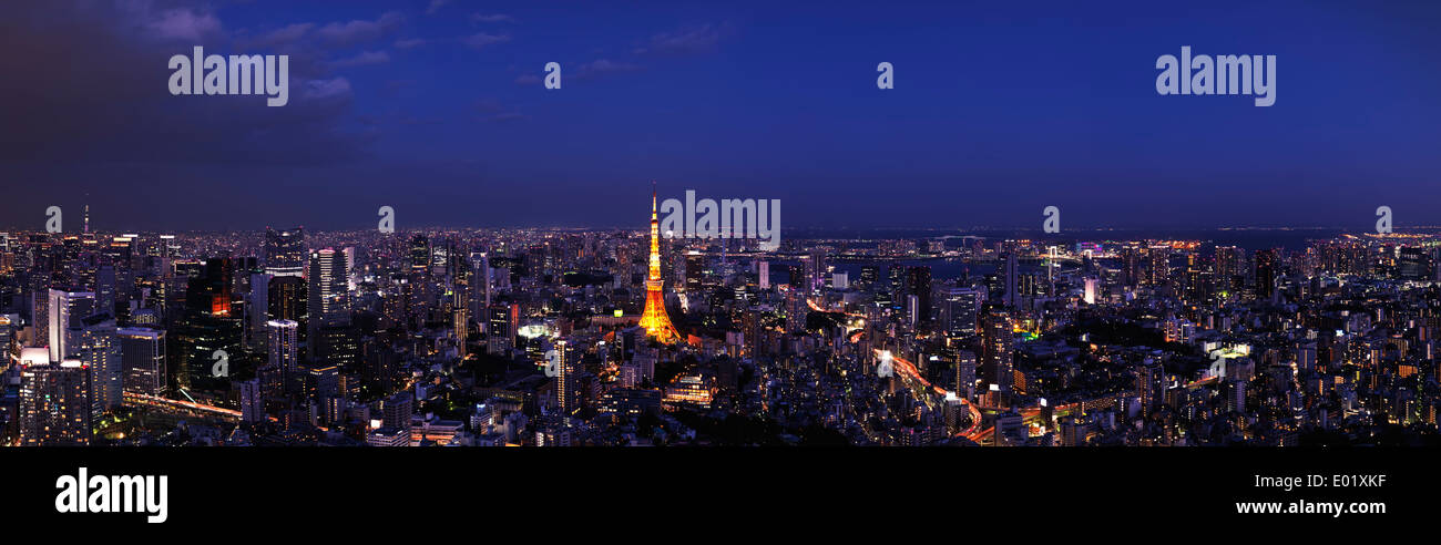 Licenza disponibile alle MaximImages.com:00 - Torre di Tokyo illuminata dai colori luminosi nel paesaggio panoramico notturno della città. Azabudai, Minato, Tokyo, Giappone. Foto Stock