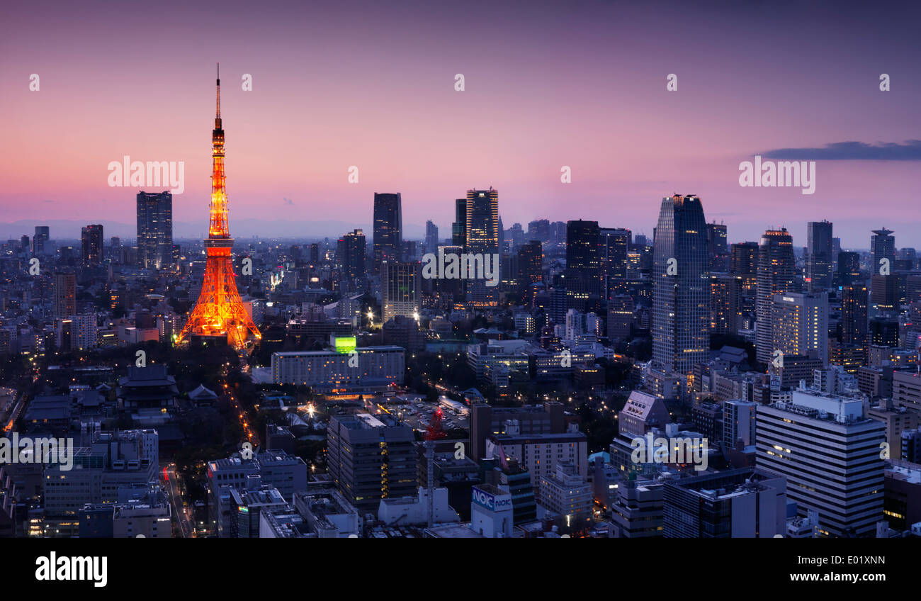 Antenna Tokyo vista città con la torre di Tokyo illuminato nel crepuscolo panoramici. Minato, Tokyo, Giappone. Foto Stock
