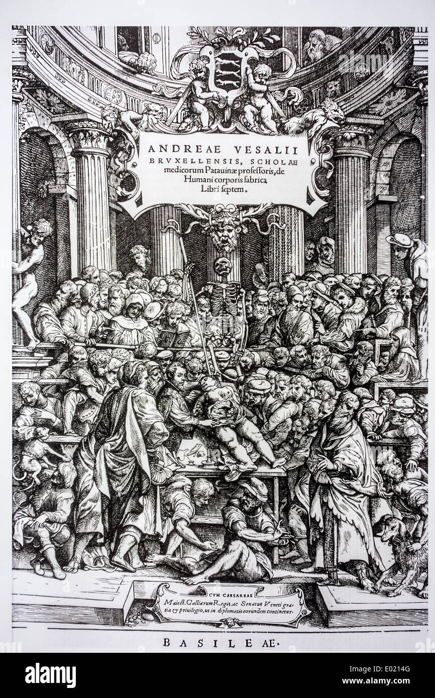 Frontespizio di De Fabrica corporis humani mostrante la dissezione sul corpo umano in auditorium da anatomista belga Andreas Vesalius Foto Stock