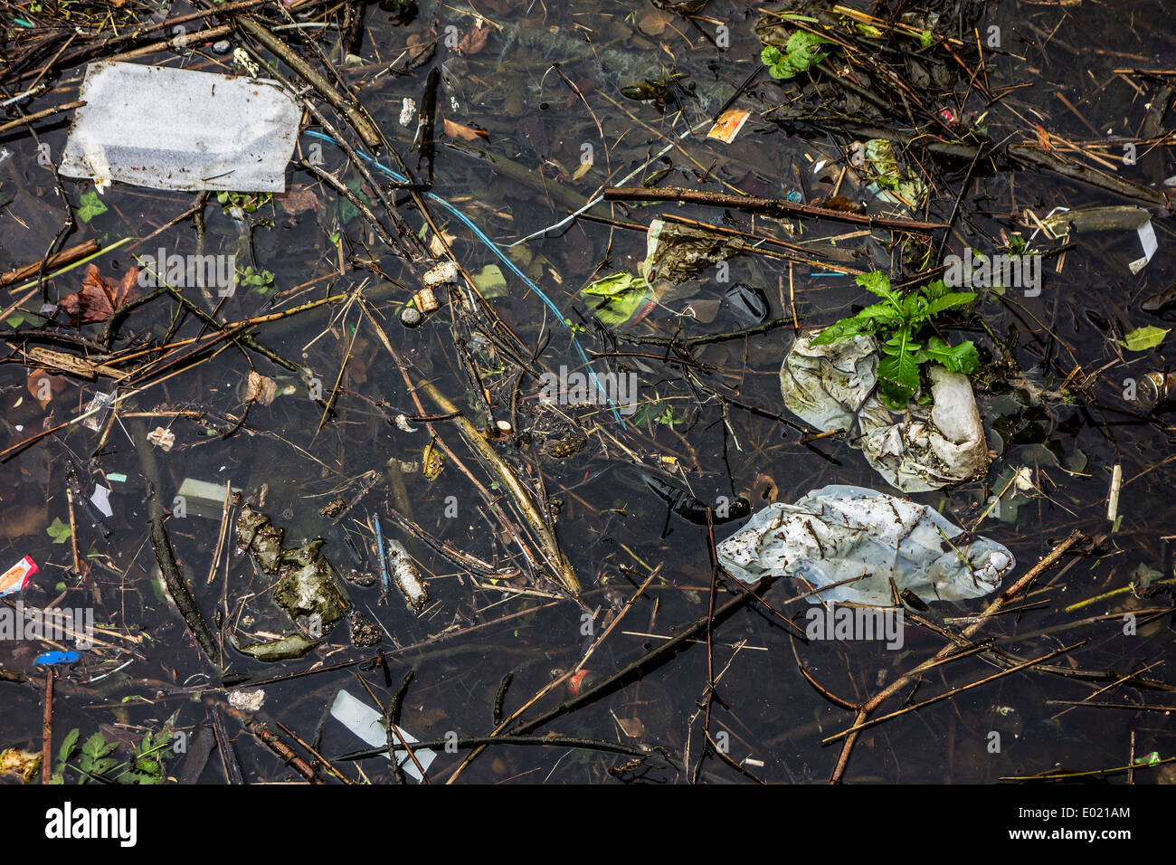 Rifiuti plastici e altri non degradabili in rifiuti in acqua del canale Foto Stock