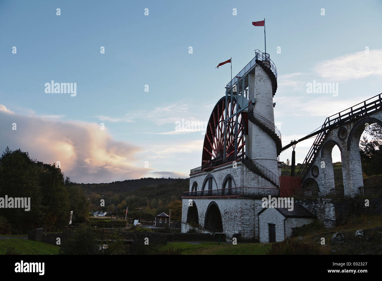 La grande ruota di Laxey al tramonto, Isola di Man Foto Stock