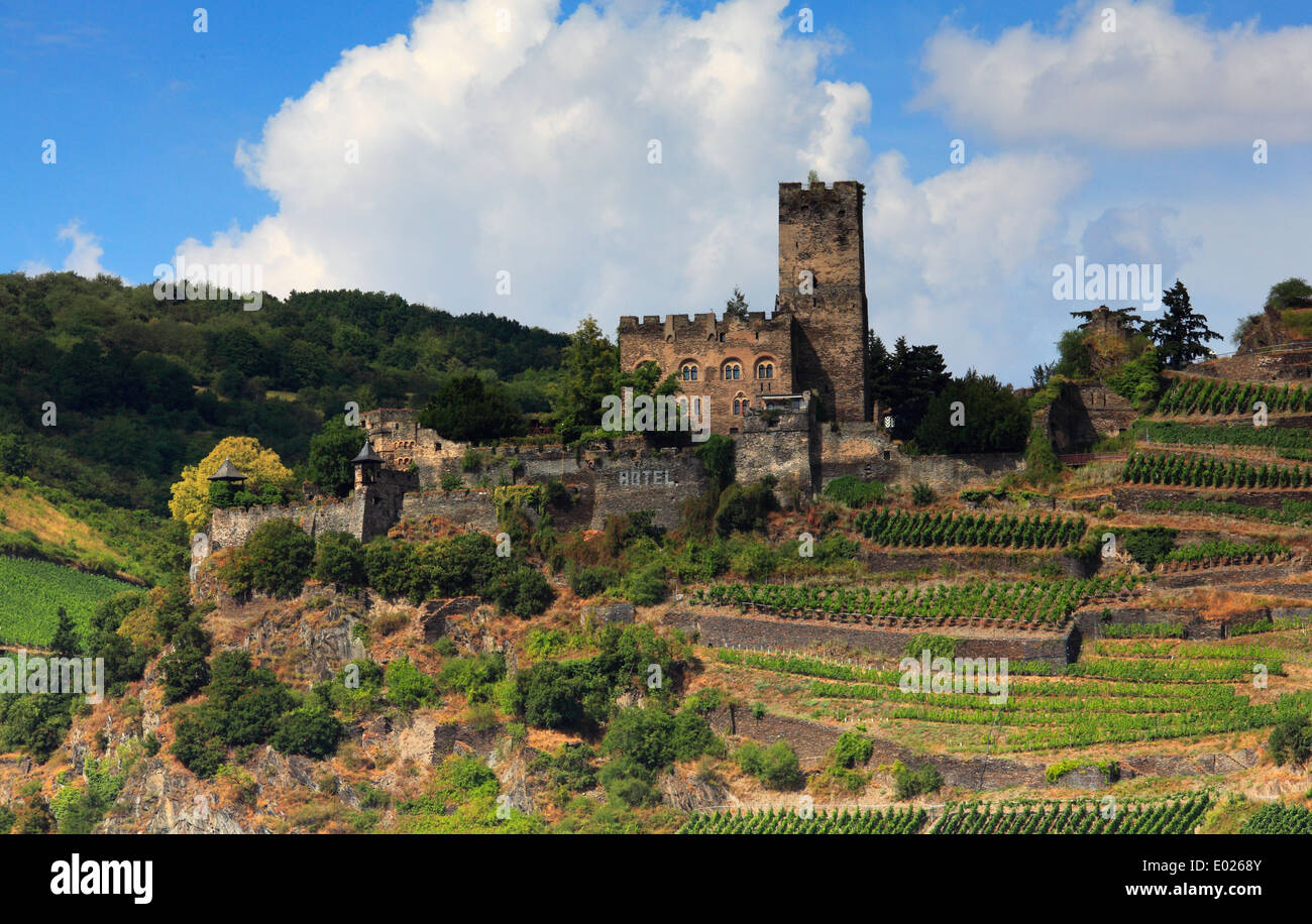 Il castello di gutenfels, aka caub castello, si siede in cima alla città di kaub, Germania Foto Stock