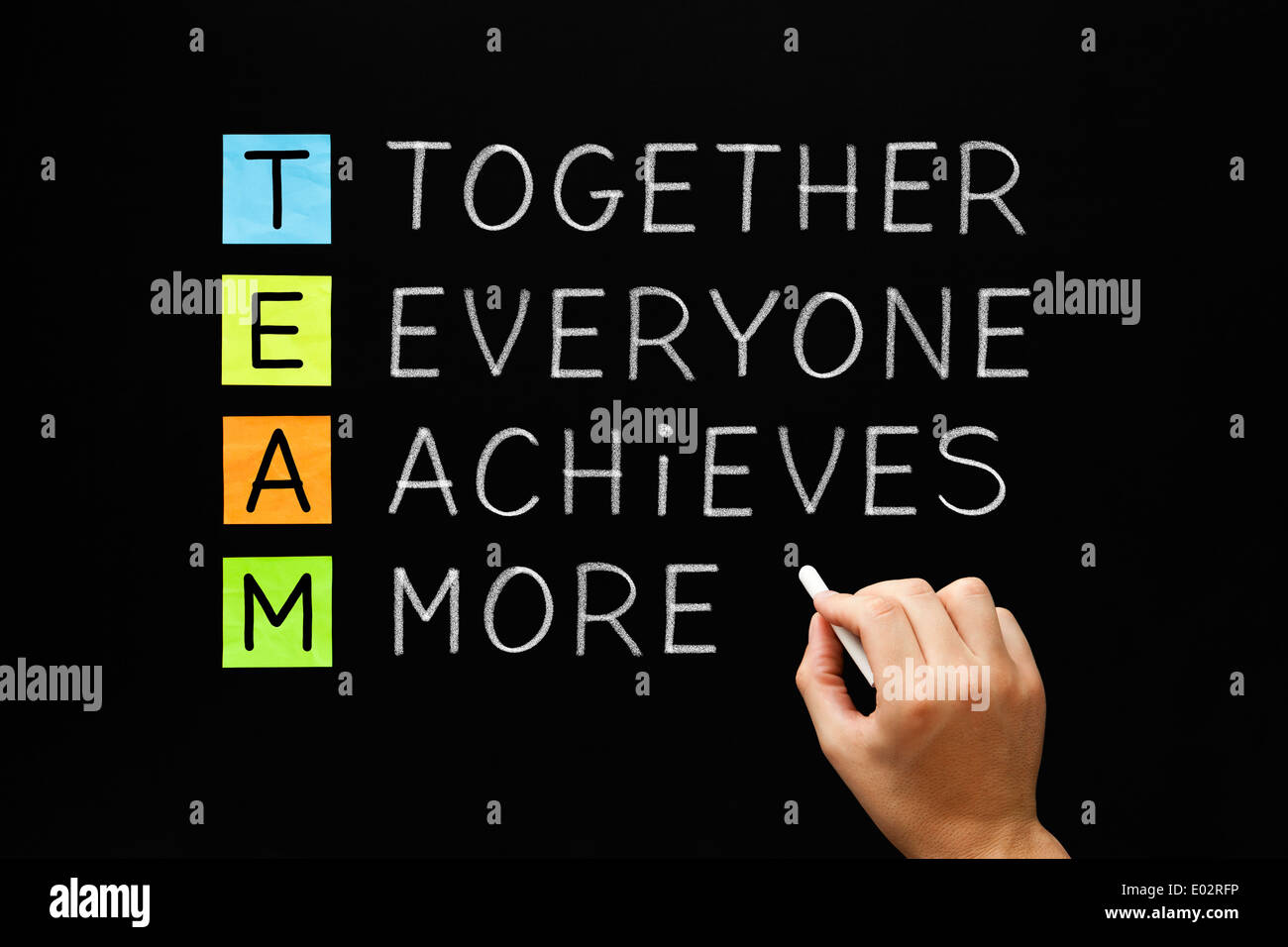 La scrittura a mano il team - Insieme Tutti realizza più in gesso bianco sulla lavagna. Foto Stock