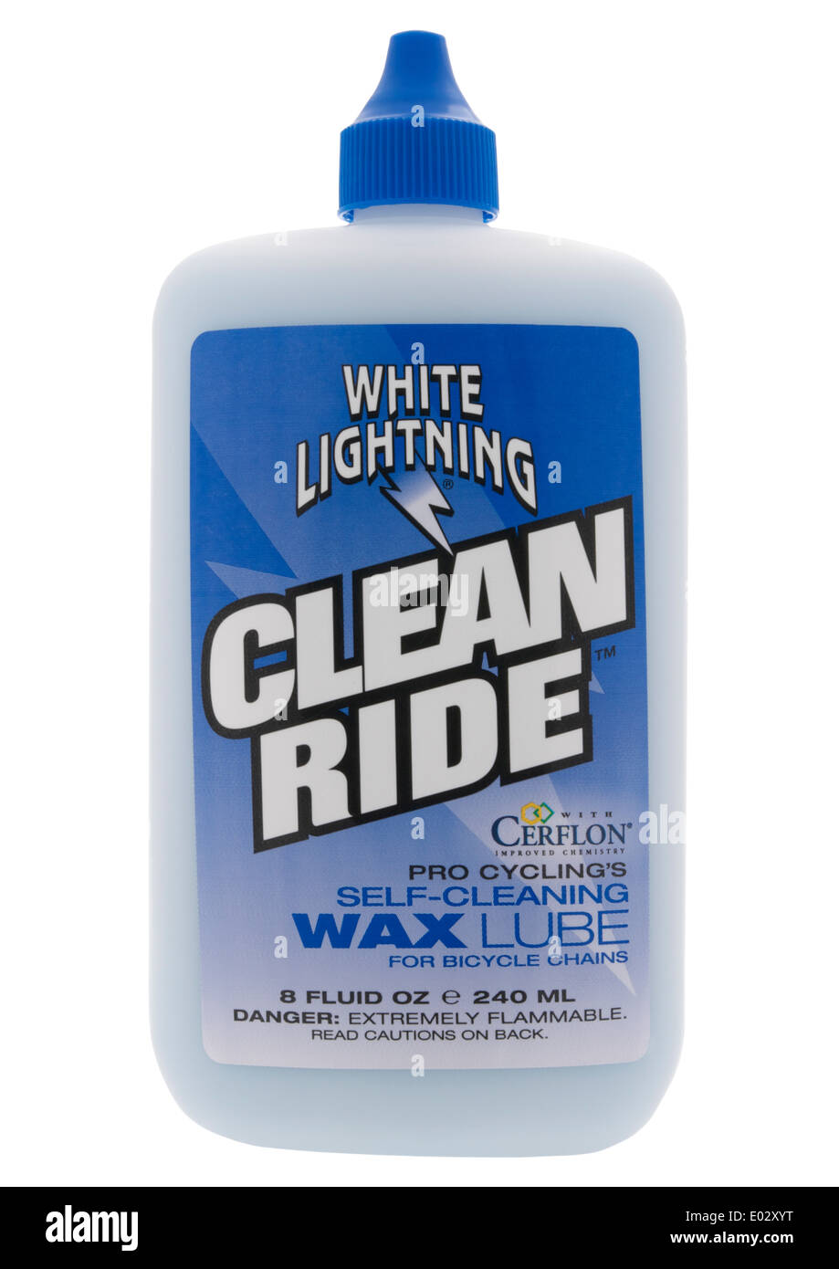 Bottiglia di lampo bianco bicicletta di lubrificazione della catena su sfondo bianco Foto Stock