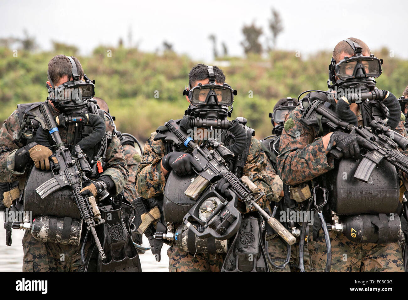 Marines americani emergono dall'acqua durante il combattente subacqueo e spiaggia di formazione di ricognizione a Camp Hansen Aprile 24, 2014 a Okinawa, Giappone. Foto Stock