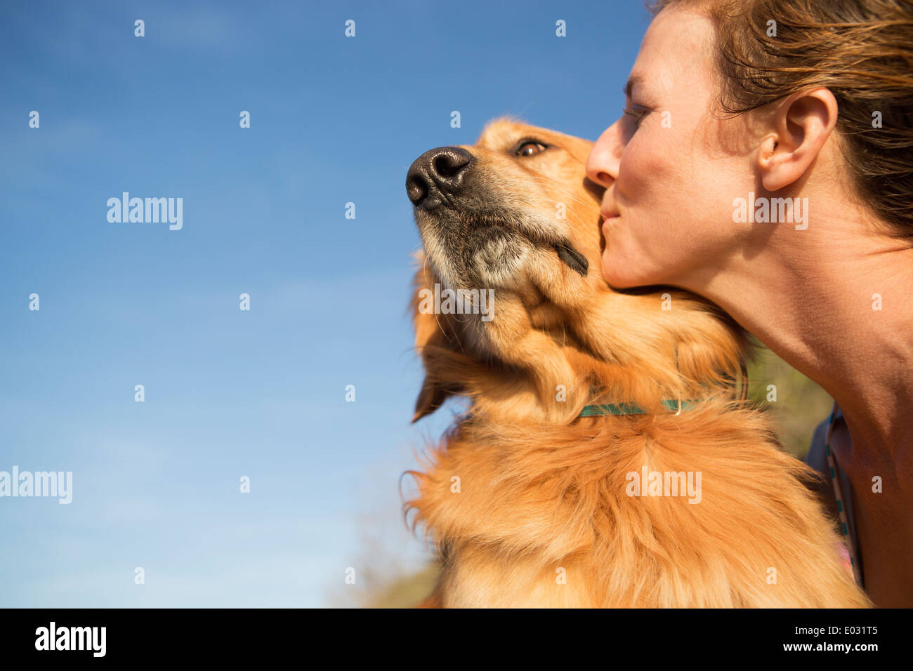Una donna baciare un cane sulla guancia. Foto Stock