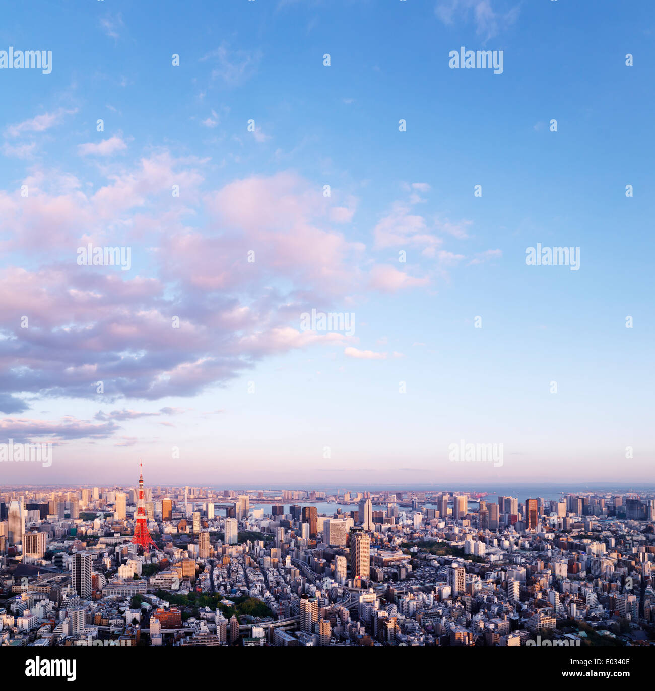 Licenza disponibile alle MaximImages.com:00 - il paesaggio della città di Tokyo e la torre di Tokyo sotto il cielo blu. Scenario del tramonto. Tokyo, Giappone. Foto Stock