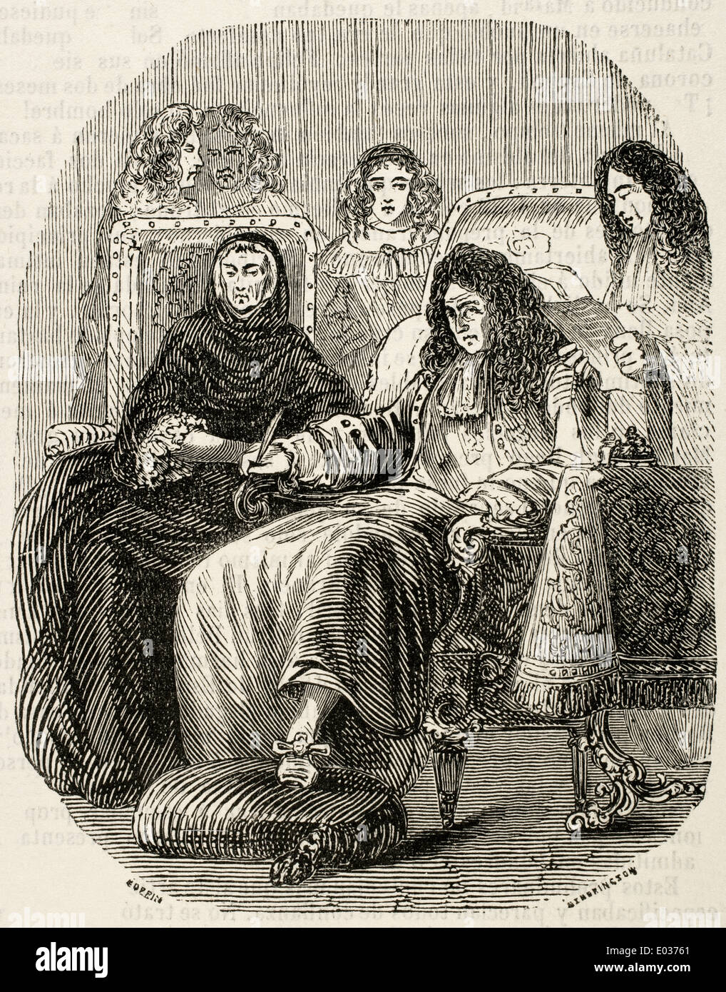 Louis XIV (1638-1715). Re di Francia. Ultimi momenti del Re Sole. Incisione di E. Coppin. Biblioteca universale, 1851. Foto Stock