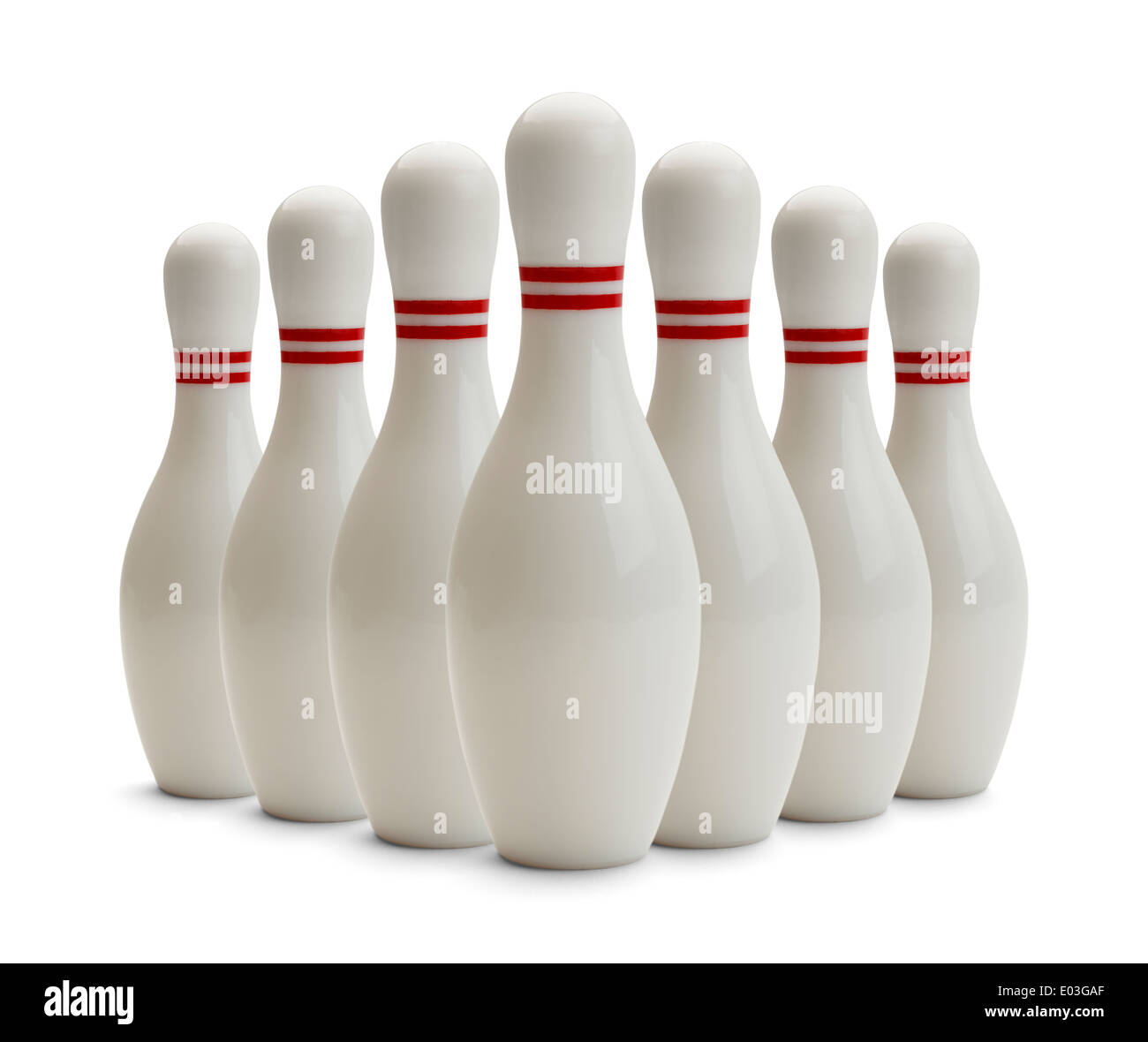 Gruppo di Bowling pin isolato su sfondo bianco. Foto Stock