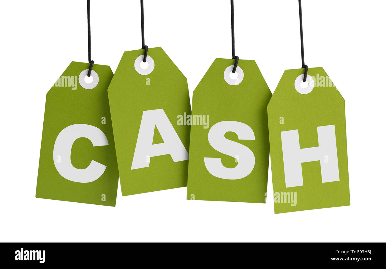 Quattro etichette verdi con la parola Cash isolati su sfondo bianco. Foto Stock