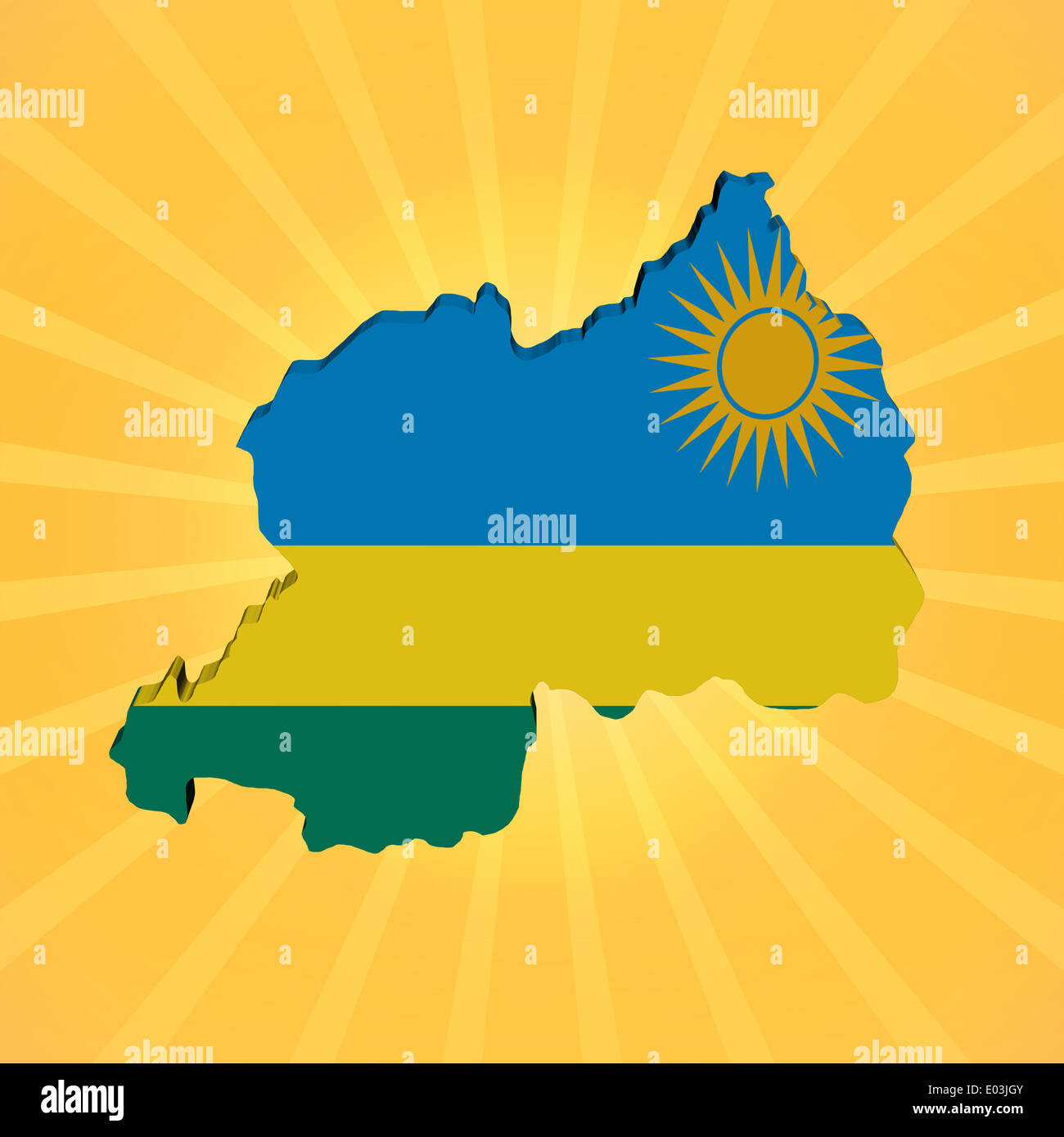 Mappa di Ruanda bandiera sul sunburst illustrazione Foto Stock