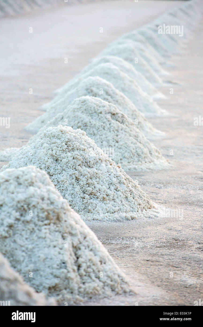 Pile di sale sulla superficie del lago di sale, Thailandia Foto Stock