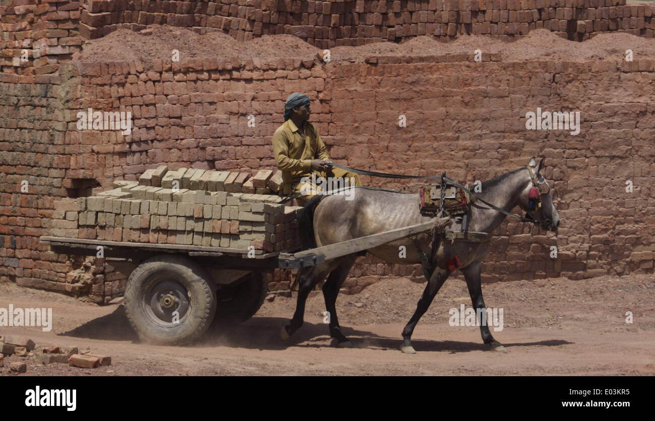 Lahore. Il 1 maggio, 2014. Un operaio pakistano si muove su un carrello carico di mattoni a una fabbrica della Festa del Lavoro in Pakistan orientale di Lahore, 1 maggio 2014. Il pakistan prima la politica del lavoro è stata concepita nel 1972, in cui il 1 maggio è stato dichiarato come un ufficiale holiday. Questa politica ha anche formulato la creazione della sicurezza sociale del Network, la vecchiaia i regimi previdenziali dei lavoratori e Fondo di benessere. © Jamil Ahmed/Xinhua/Alamy Live News Foto Stock