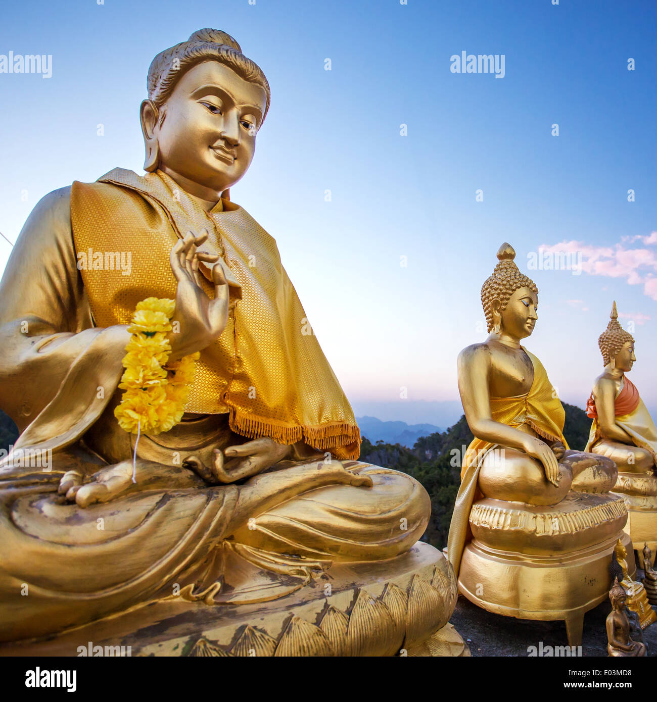Golden Statue di Buddha sulla cima della montagna in Tiger tempio di Krabi, in Thailandia Foto Stock