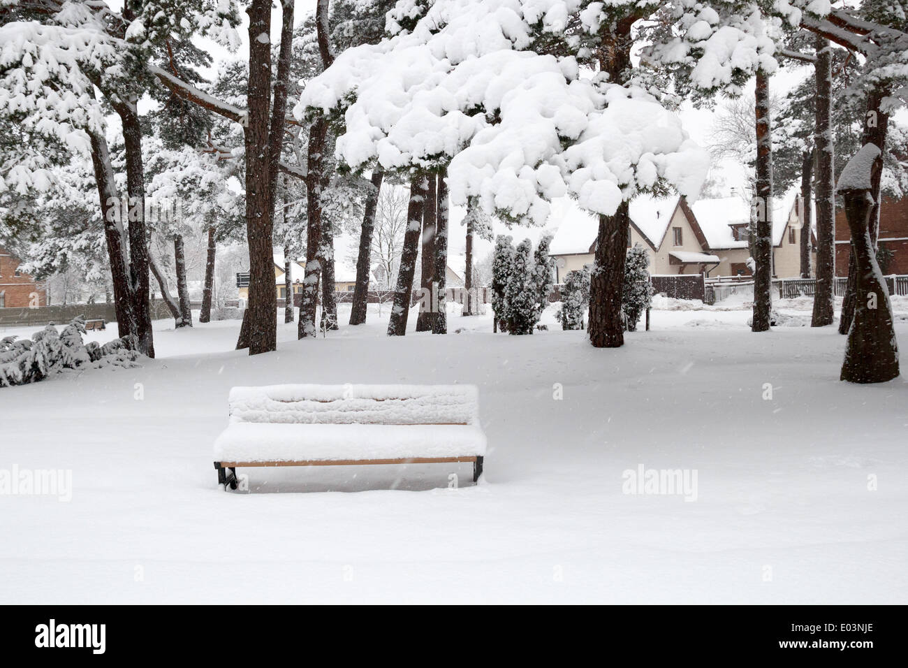 Neve nel parco della città. Con coperta di neve panchina Foto Stock