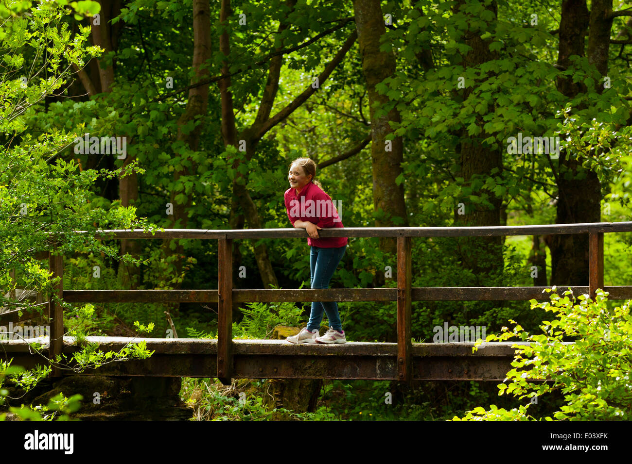 Di undici anni ragazza nella parte superiore rossa appoggiato su di un ponte di legno vicino a Grasmere nel Parco nazionale del Lake District Cumbria Inghilterra England Regno Unito Foto Stock
