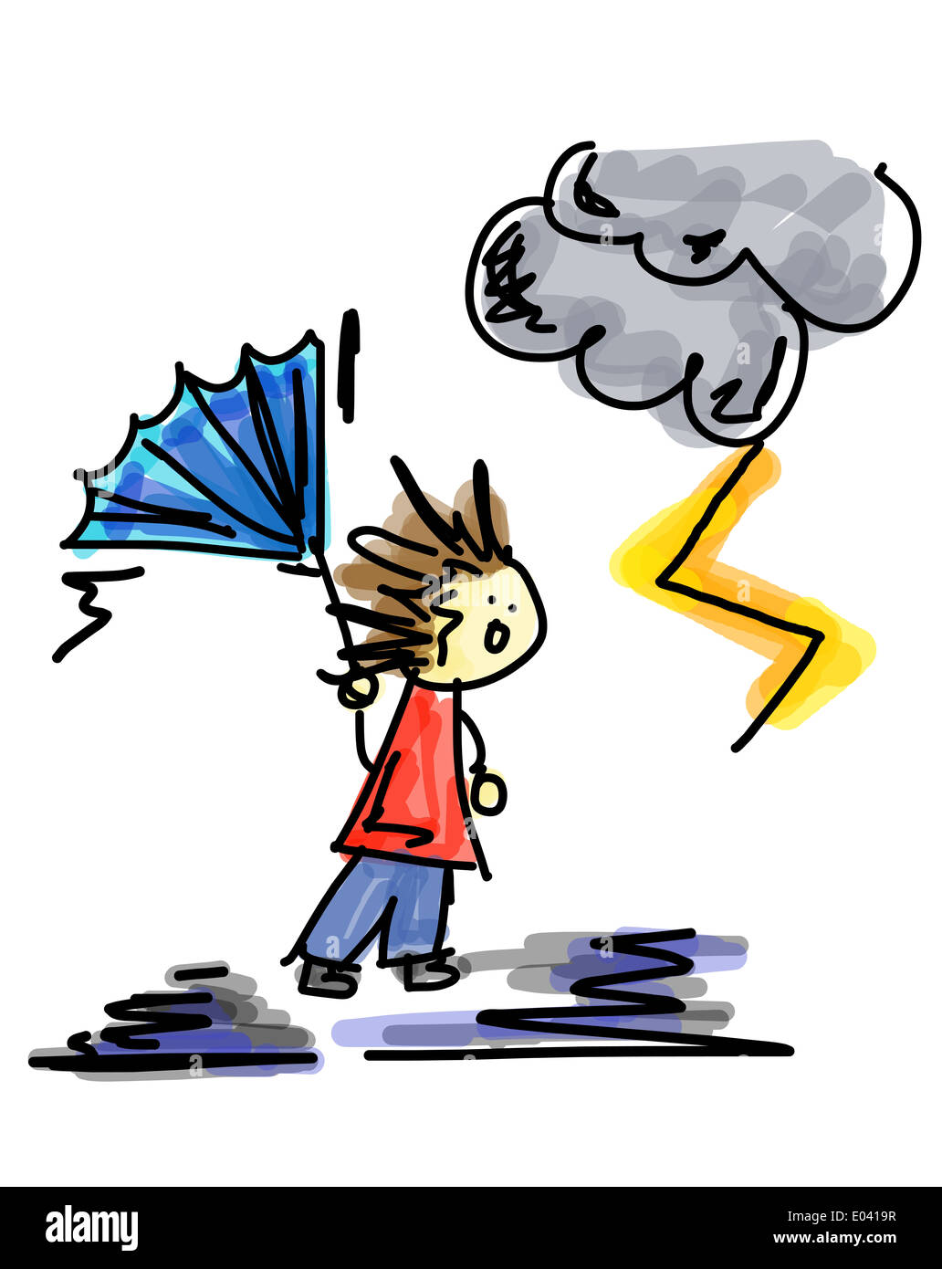 Illustrazione di una persona in un giorno di tempesta con il loro ombrello dentro e fuori Foto Stock