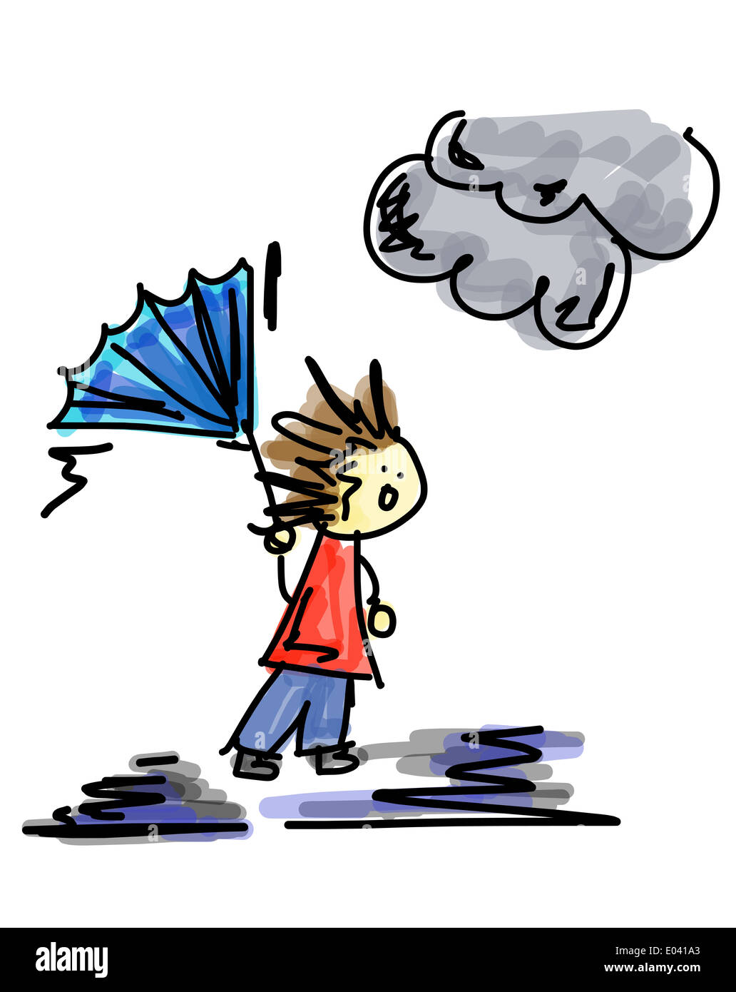 Illustrazione di una persona in un giorno di tempesta con il loro ombrello dentro e fuori Foto Stock