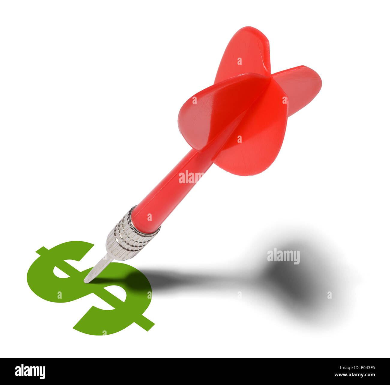 Dart rosso bloccato in denaro simbolo isolato su sfondo bianco. Foto Stock