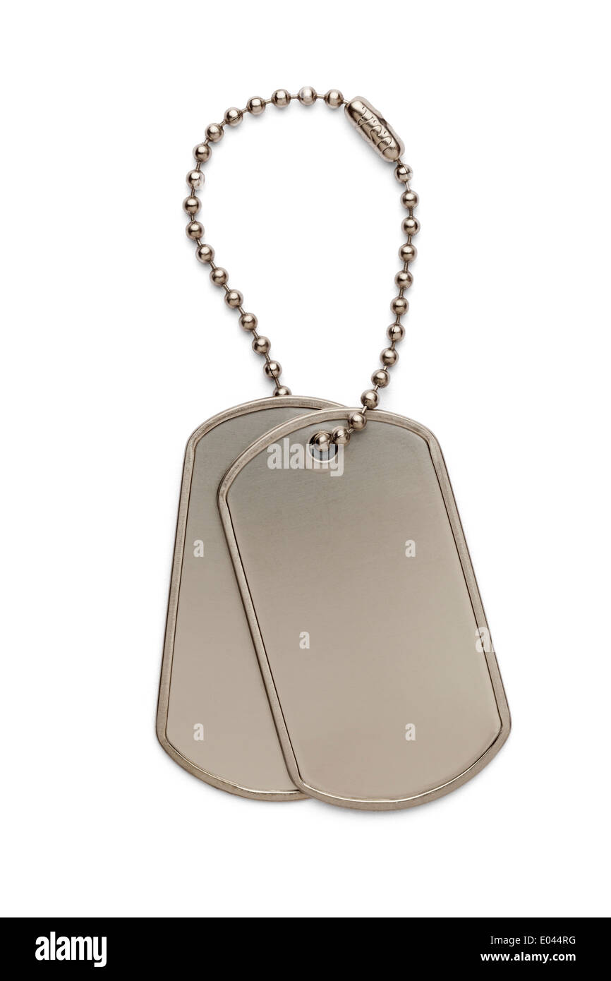 Militari di Silver Dog Tag su una piccola catena di chiavi isolati su sfondo bianco. Foto Stock