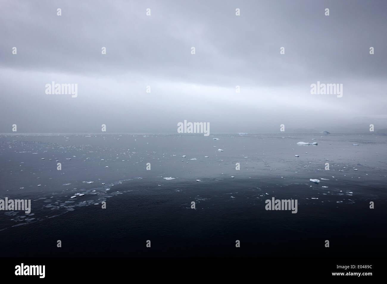 Scialbo nuvoloso nebbioso giorno in Fournier Bay sull'Isola di Anvers Antartide Foto Stock