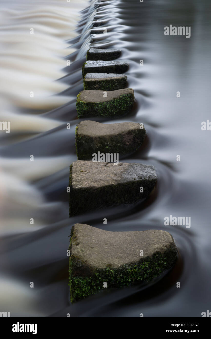 Una lunga esposizione a basso punto di vista ravvicinata di acqua fluente round pietre miliari che attraversa un fiume - il fiume Wharfe, Ilkley, West Yorkshire, Inghilterra, Regno Unito. Foto Stock