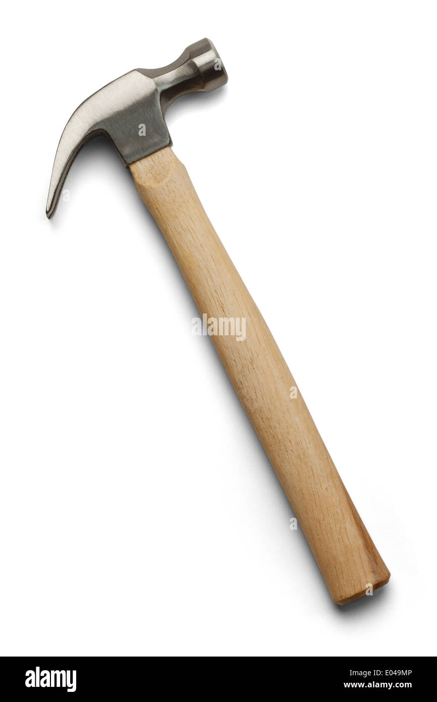 Completare il martello in metallo e con manico in legno isolato su sfondo bianco. Foto Stock