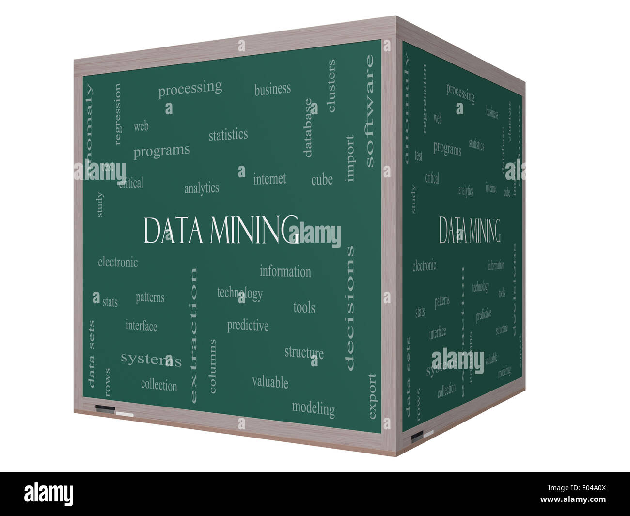 Il data mining di parola il concetto di cloud su un cubo 3D Lavagna con grande termini quali analytics, internet, statistiche e più. Foto Stock