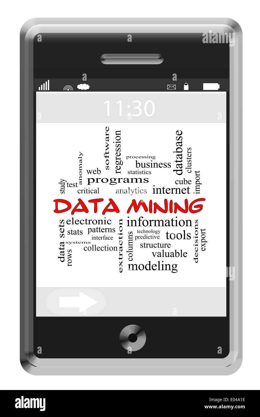 Il data mining di parola il concetto di cloud su un telefono touch-screen con grande termini quali database, strumenti statistiche e più. Foto Stock