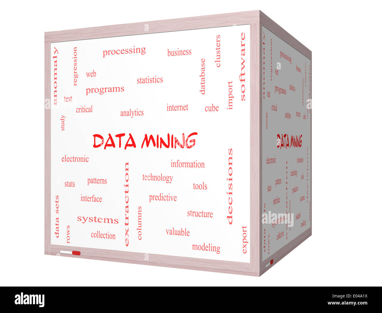 Il data mining di parola il concetto di cloud su un cubo 3D Lavagna con grande termini quali analytics, internet, statistiche e più. Foto Stock