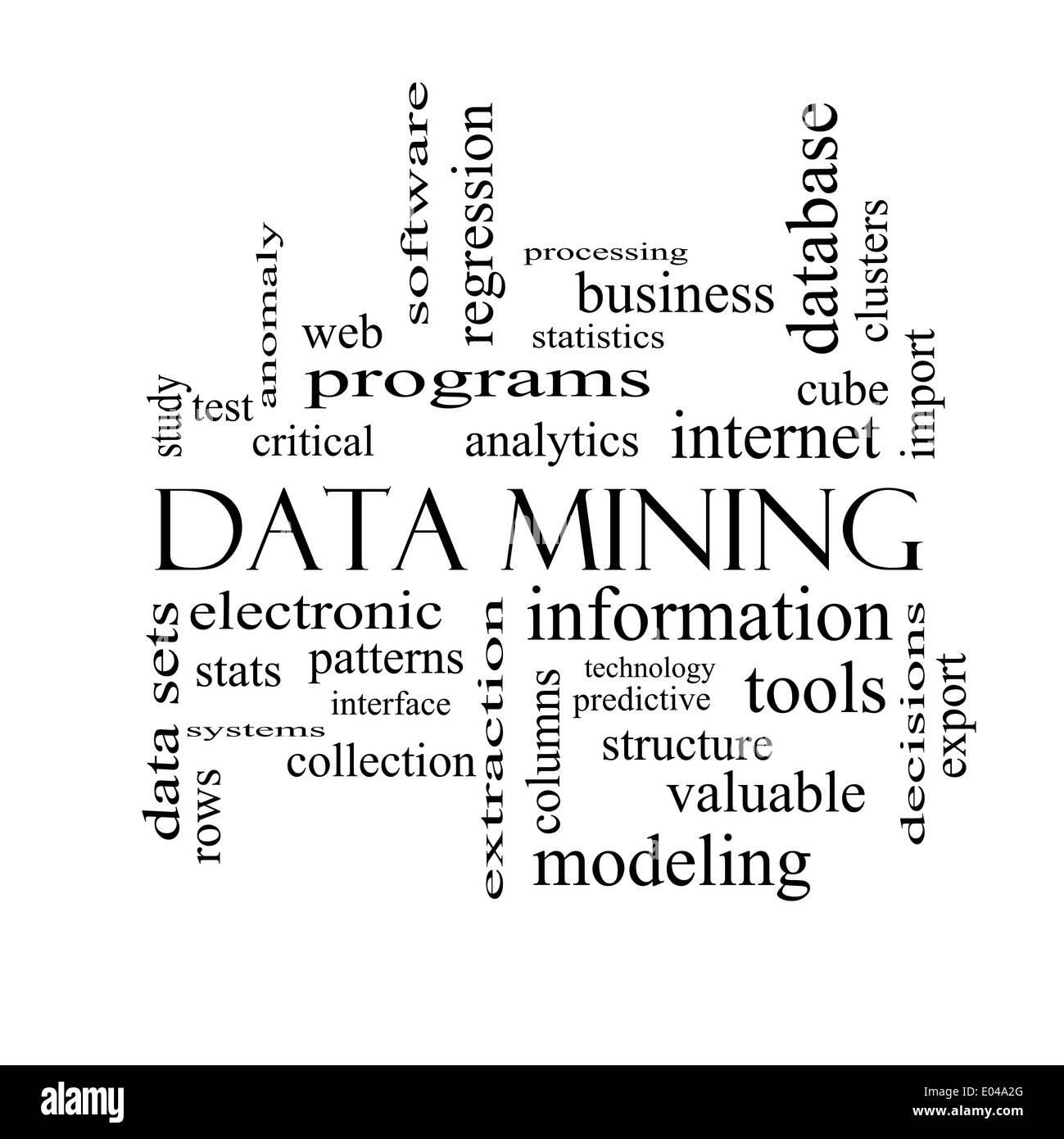 Il data mining di parola il concetto di cloud in bianco e nero con grande termini quali analytics, internet, statistiche e più. Foto Stock